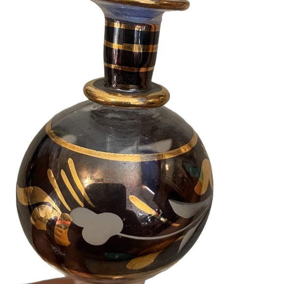 Egyptian Glass Gold Accent Perfume Bottle Mouth Blown With Stopper - Picture 7 of 8